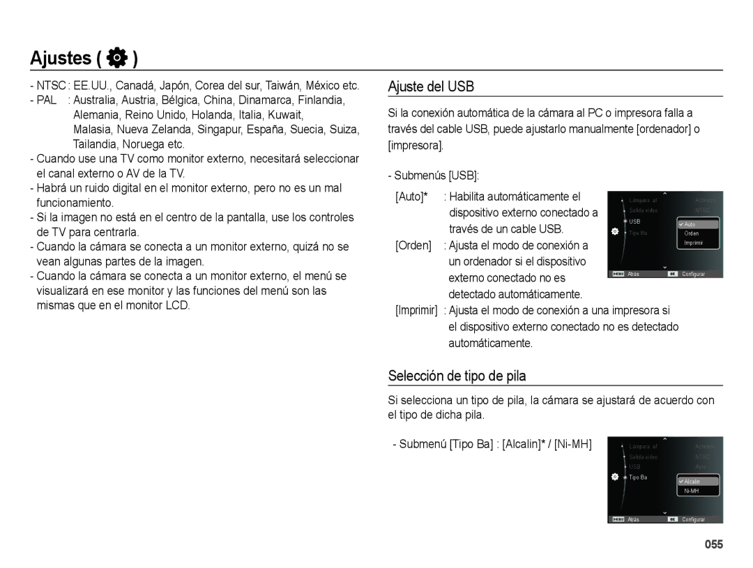 Samsung EC-ES25ZZBABE1 manual Ajuste del USB, Selección de tipo de pila 