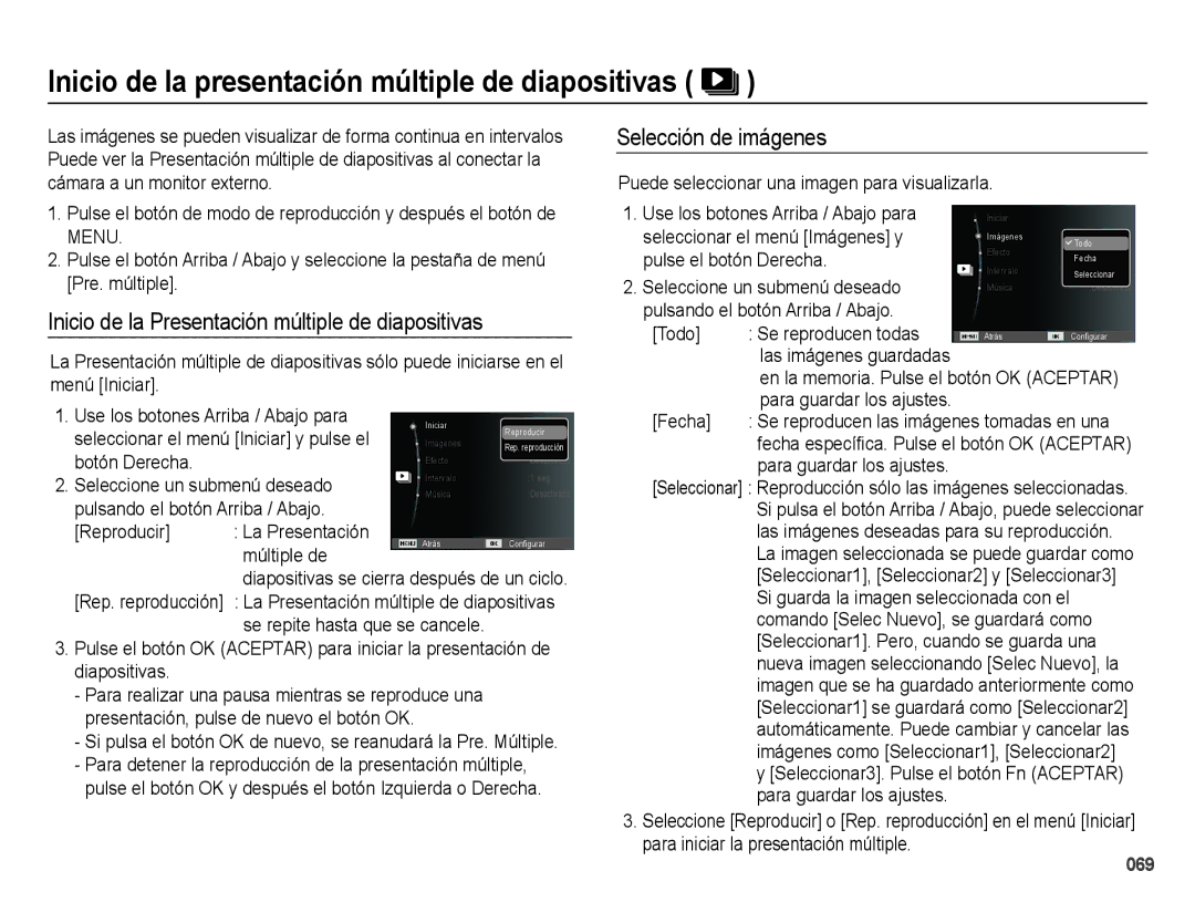 Samsung EC-ES25ZZBABE1 manual Inicio de la presentación múltiple de diapositivas, Selección de imágenes 