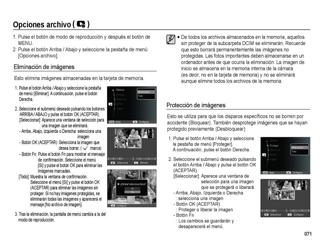 Samsung EC-ES25ZZBABE1 manual Opciones archivo, Eliminación de imágenes, Protección de imágenes 