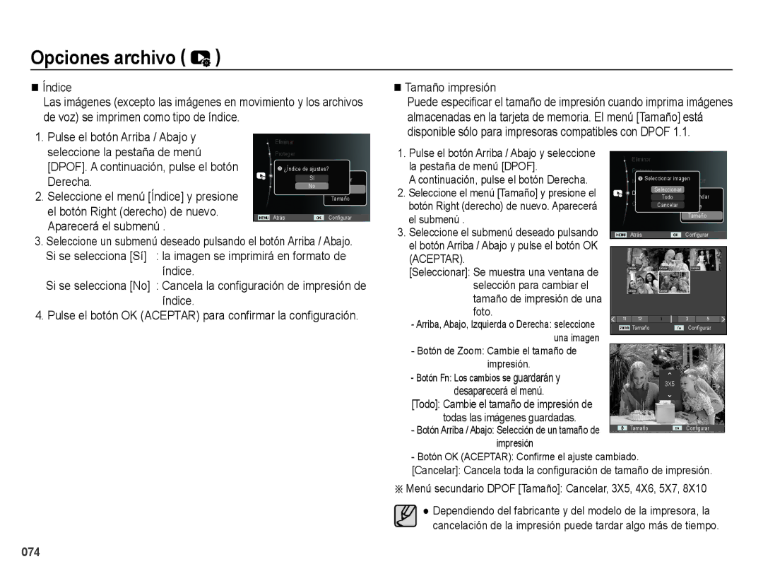 Samsung EC-ES25ZZBABE1 manual Pulse el botón Arriba / Abajo y, Seleccione la pestaña de menú, Derecha, Tamaño impresión 