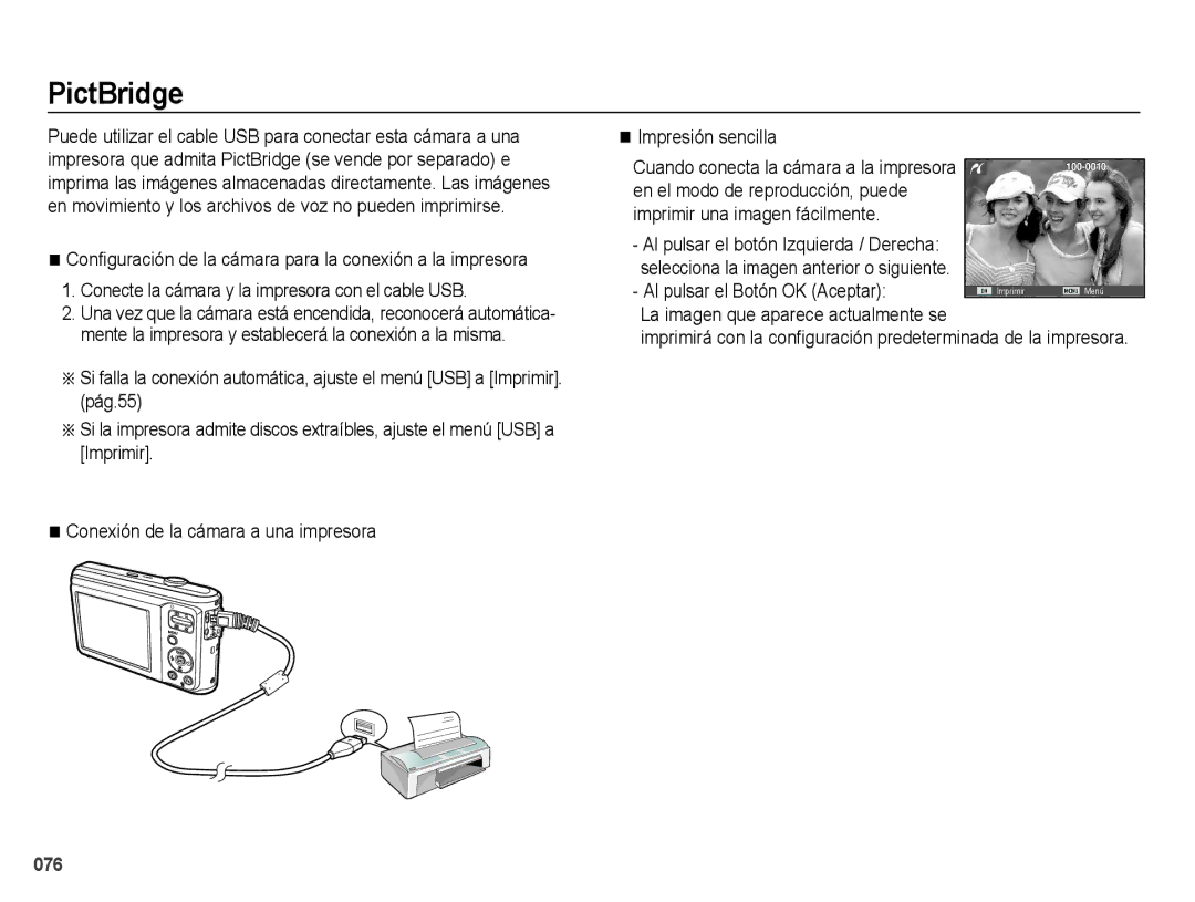 Samsung EC-ES25ZZBABE1 manual PictBridge, Al pulsar el Botón OK Aceptar 