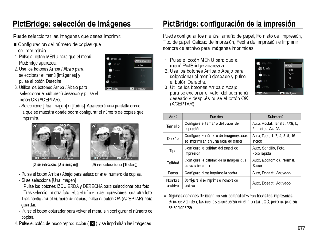 Samsung EC-ES25ZZBABE1 manual PictBridge selección de imágenes 