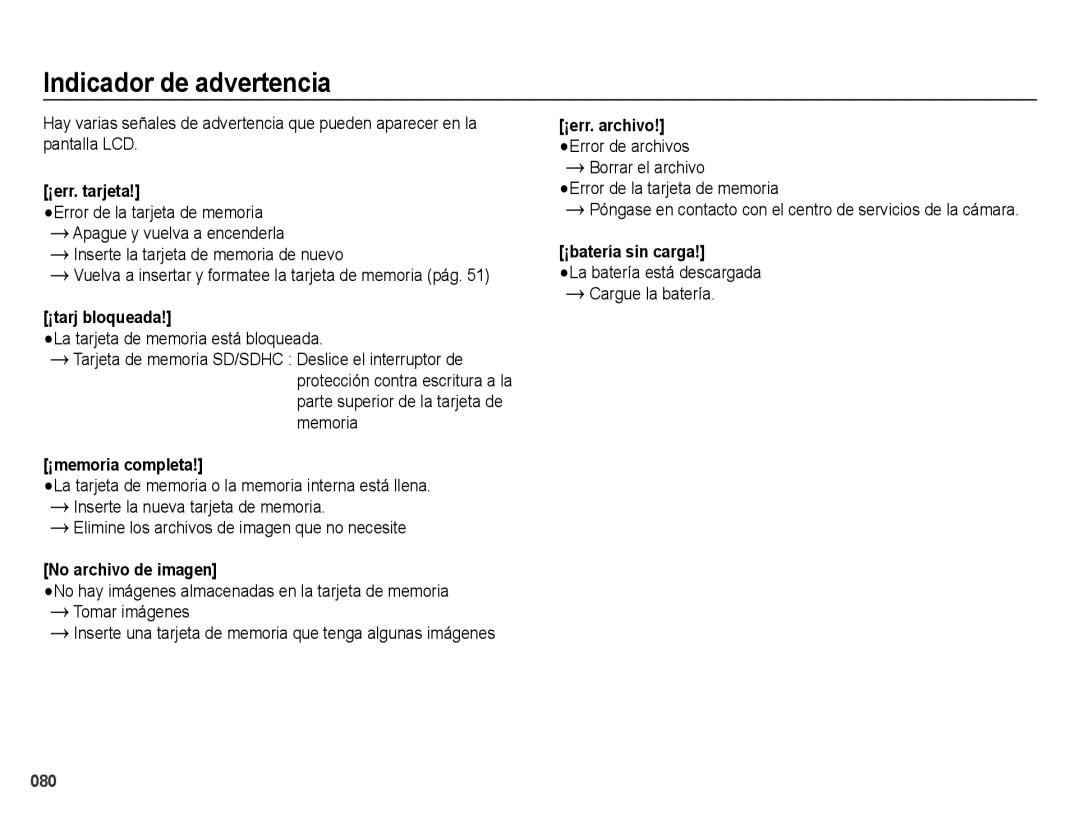 Samsung EC-ES25ZZBABE1 manual Indicador de advertencia, La tarjeta de memoria está bloqueada 