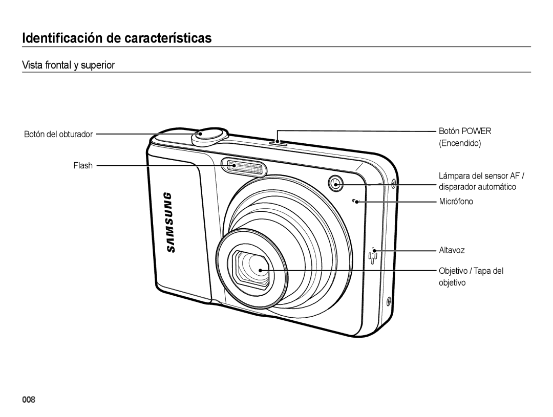 Samsung EC-ES25ZZBABE1 manual Identiﬁcación de características, Vista frontal y superior, Botón del obturador Flash 