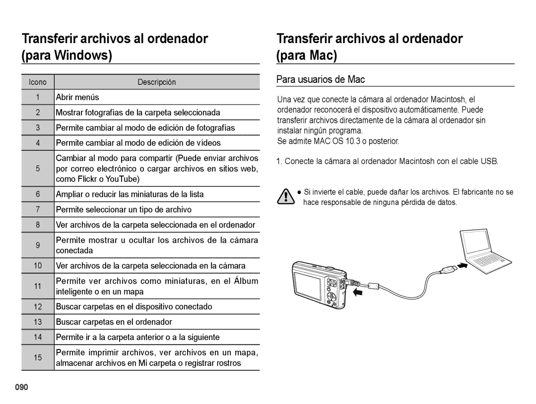 Samsung EC-ES25ZZBABE1 Transferir archivos al ordenador para Mac, Para usuarios de Mac, Se admite MAC OS 10.3 o posterior 