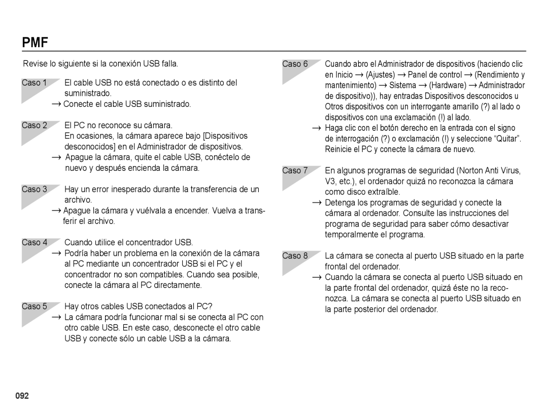 Samsung EC-ES25ZZBABE1 manual Caso 5 Hay otros cables USB conectados al PC?, En Inicio Ajustes, Sistema Hardware 