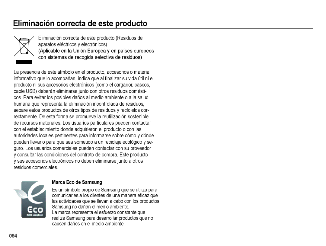 Samsung EC-ES25ZZBABE1 manual Eliminación correcta de este producto, Marca Eco de Samsung 