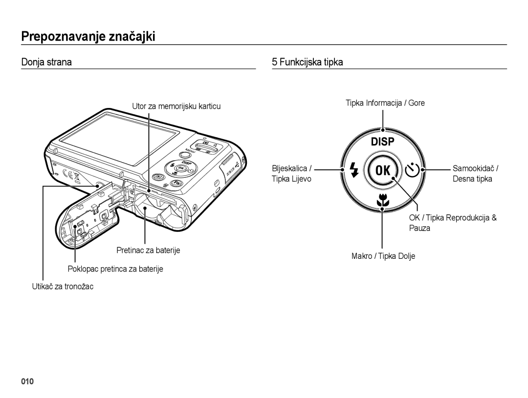 Samsung EC-ES25ZZBASE3, EC-ES25ZZBABE3 Donja strana, Funkcijska tipka, Tipka Informacija / Gore Bljeskalica, Tipka Lijevo 