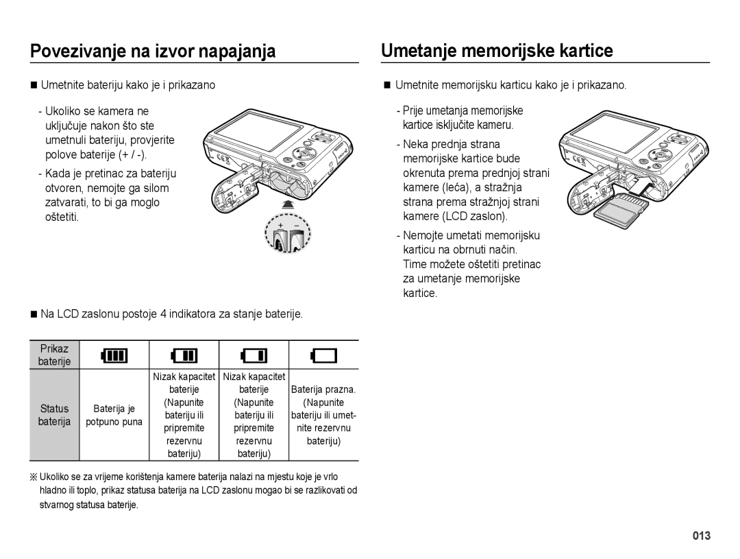 Samsung EC-ES25ZZBASE3, EC-ES25ZZBABE3 manual Umetanje memorijske kartice, Umetnite bateriju kako je i prikazano, Prikaz 