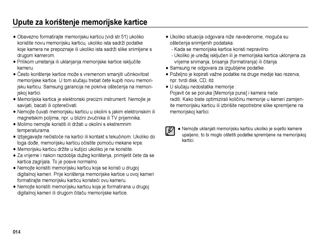 Samsung EC-ES25ZZBABE3, EC-ES25ZZBALE3, EC-ES25ZZBASE3 manual Upute za korištenje memorijske kartice 