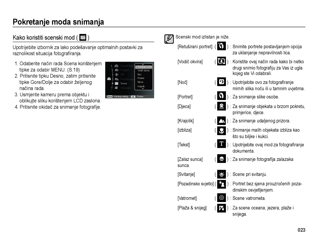 Samsung EC-ES25ZZBABE3, EC-ES25ZZBALE3, EC-ES25ZZBASE3 manual Kako koristiti scenski mod 