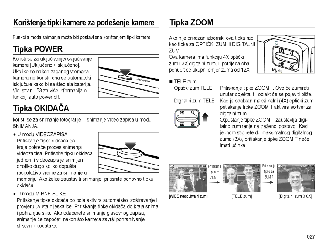 Samsung EC-ES25ZZBALE3, EC-ES25ZZBABE3, EC-ES25ZZBASE3 manual Tipka Power, Tipka Okidača, Tipka Zoom 