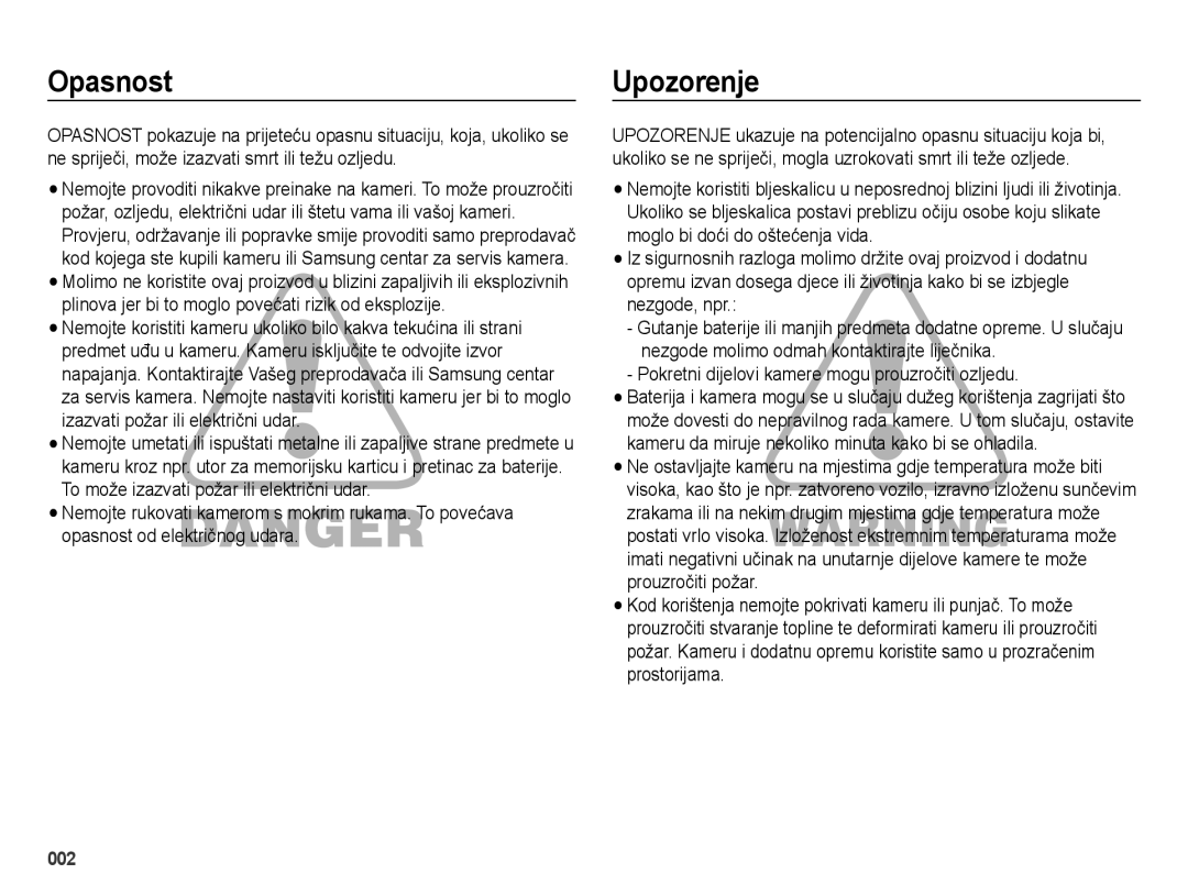 Samsung EC-ES25ZZBABE3, EC-ES25ZZBALE3 manual Opasnost, Upozorenje, Pokretni dijelovi kamere mogu prouzročiti ozljedu 