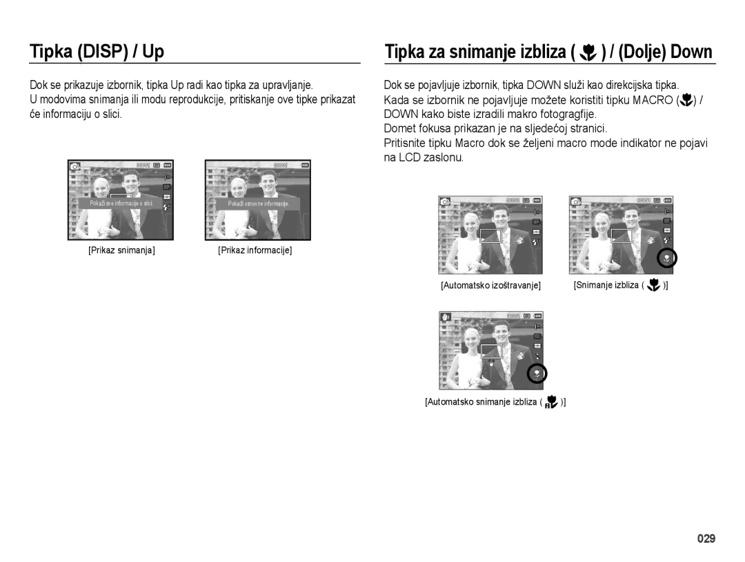 Samsung EC-ES25ZZBABE3, EC-ES25ZZBALE3, EC-ES25ZZBASE3 manual Tipka Disp / Up, Tipka za snimanje izbliza / Dolje Down 