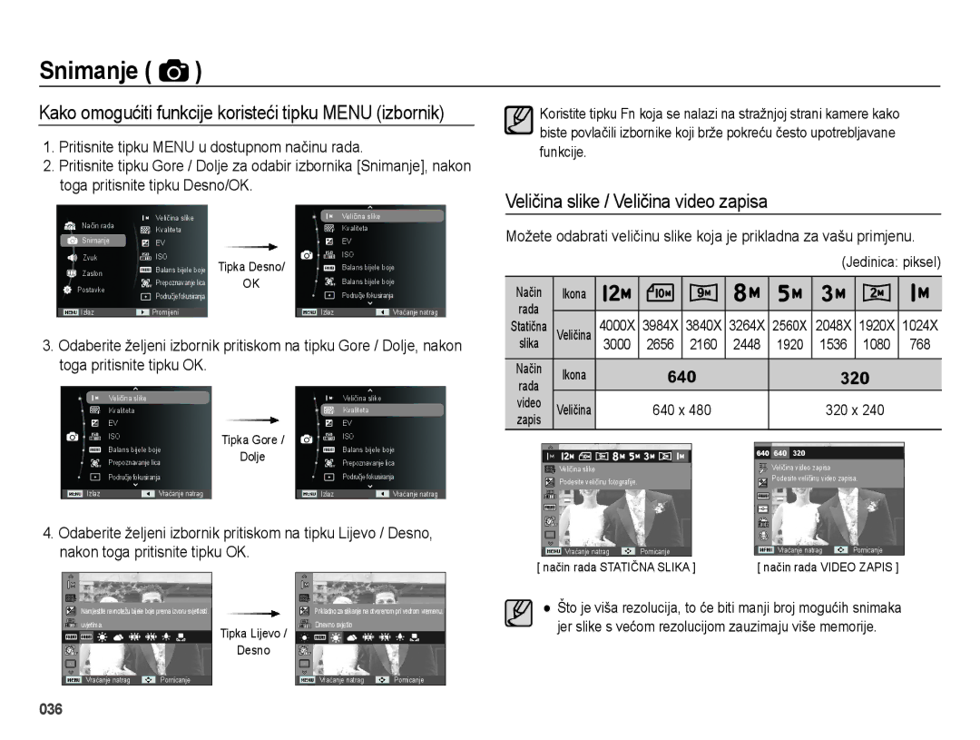 Samsung EC-ES25ZZBALE3 manual Veličina slike / Veličina video zapisa, 3000 2656 2160 2448 1920 1536 1080 768, Zapis 