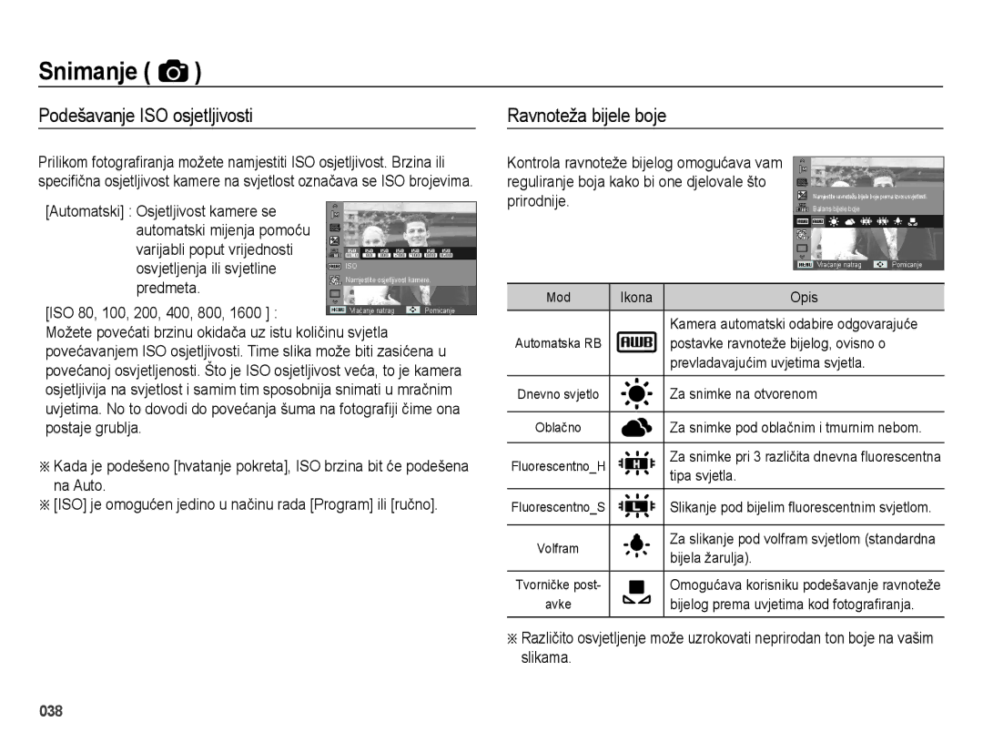 Samsung EC-ES25ZZBABE3, EC-ES25ZZBALE3, EC-ES25ZZBASE3 manual Podešavanje ISO osjetljivosti Ravnoteža bijele boje 