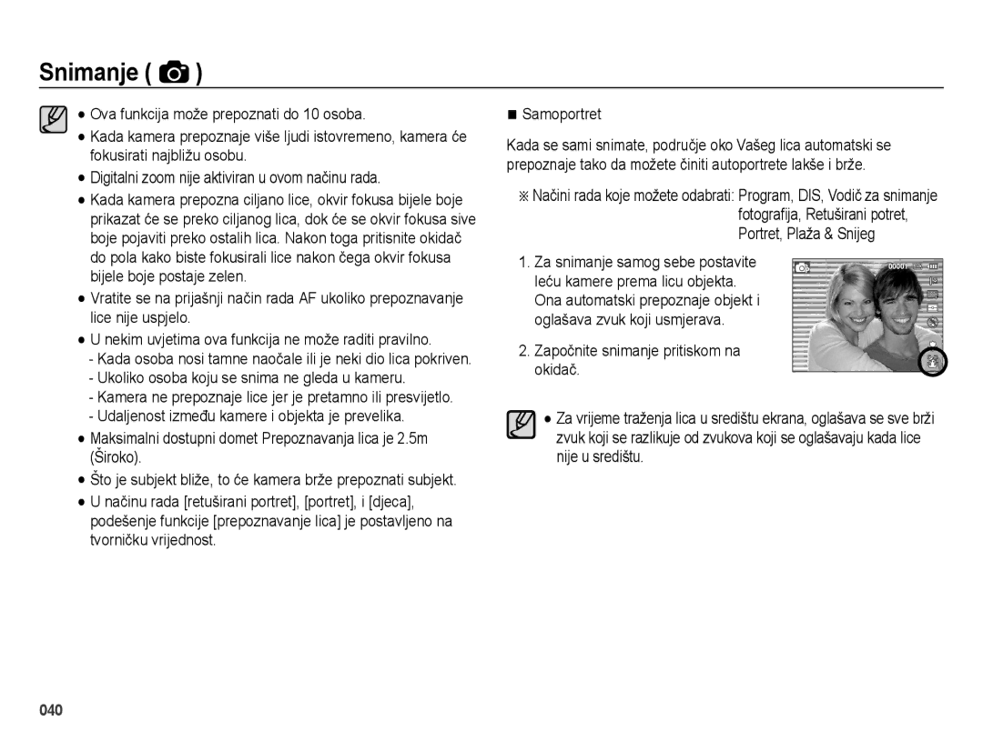 Samsung EC-ES25ZZBASE3 manual Ukoliko osoba koju se snima ne gleda u kameru, Započnite snimanje pritiskom na okidač 