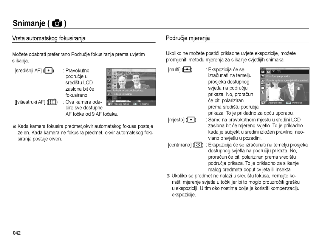 Samsung EC-ES25ZZBALE3, EC-ES25ZZBABE3, EC-ES25ZZBASE3 manual Vrsta automatskog fokusiranja, Područje mjerenja 