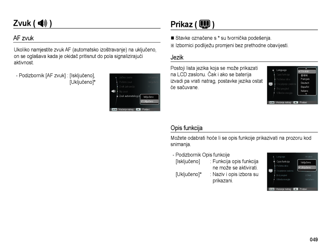 Samsung EC-ES25ZZBASE3, EC-ES25ZZBABE3, EC-ES25ZZBALE3 manual Prikaz, AF zvuk, Jezik, Opis funkcija 