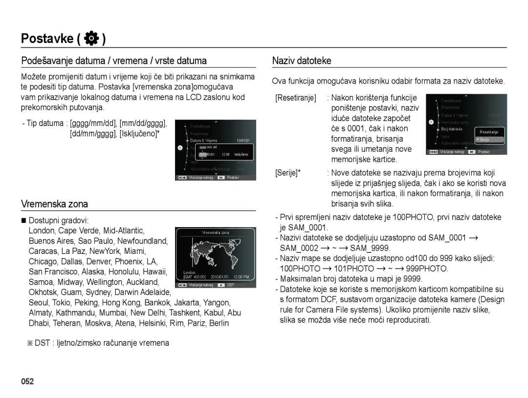 Samsung EC-ES25ZZBASE3, EC-ES25ZZBABE3 manual Podešavanje datuma / vremena / vrste datuma, Naziv datoteke, Vremenska zona 