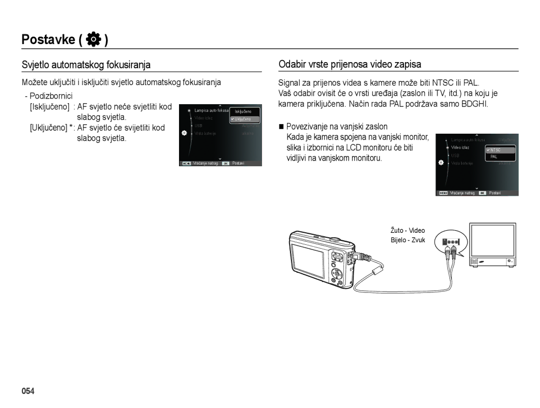 Samsung EC-ES25ZZBALE3 Svjetlo automatskog fokusiranja, Odabir vrste prijenosa video zapisa, Povezivanje na vanjski zaslon 