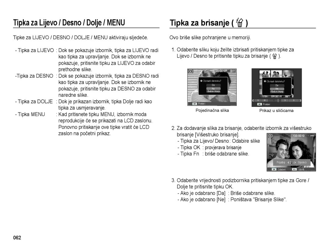 Samsung EC-ES25ZZBABE3 Tipka za Lijevo / Desno / Dolje / Menu, Tipka za brisanje Õ, Ovo briše slike pohranjene u memoriji 