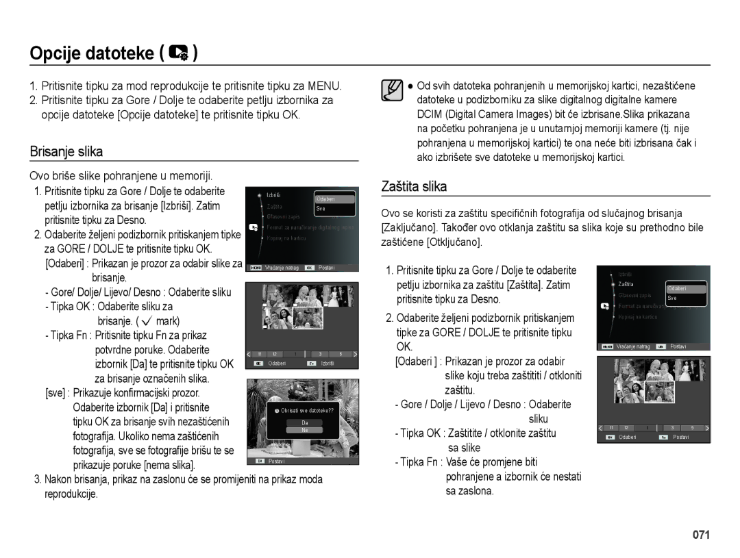 Samsung EC-ES25ZZBABE3 Opcije datoteke, Brisanje slika, Zaštita slika, Sa slike, Tipka OK Zaštitite / otklonite zaštitu 