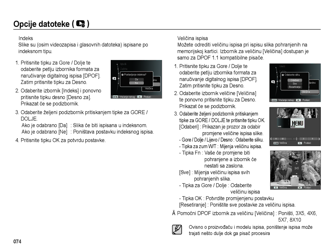 Samsung EC-ES25ZZBABE3, EC-ES25ZZBALE3 manual Odaberite željeni podizbornik pritiskanjem tipke za Gore, Veličinu ispisa 