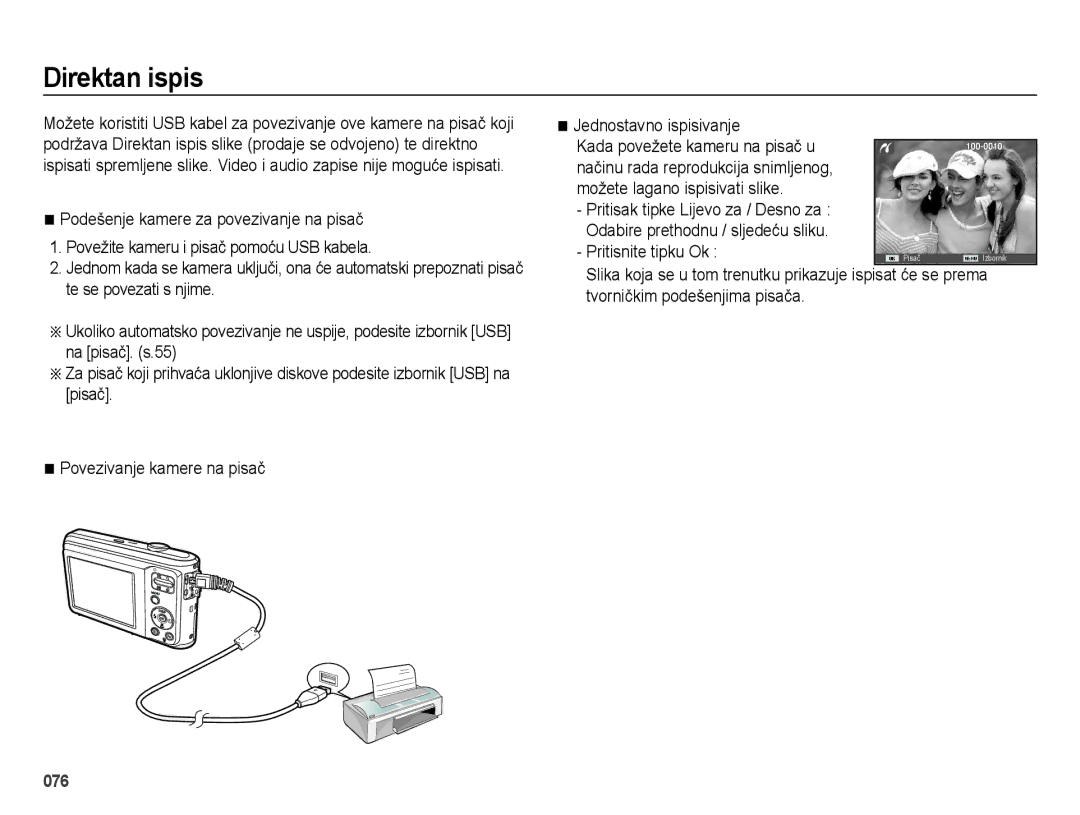 Samsung EC-ES25ZZBASE3, EC-ES25ZZBABE3, EC-ES25ZZBALE3 manual Direktan ispis, Pritisnite tipku Ok 