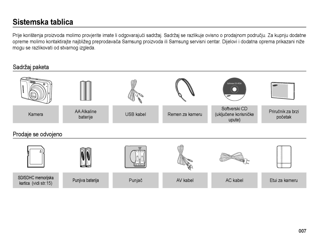 Samsung EC-ES25ZZBASE3, EC-ES25ZZBABE3, EC-ES25ZZBALE3 manual Sistemska tablica, Sadržaj paketa, Prodaje se odvojeno 