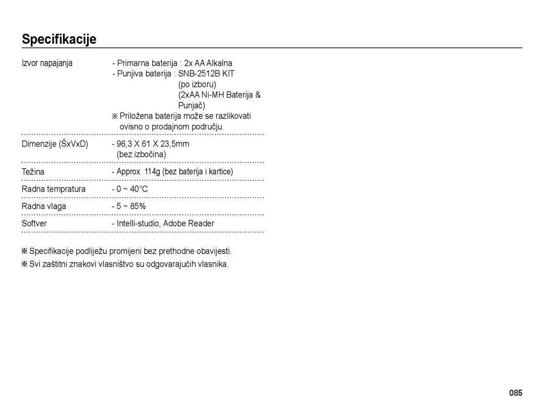 Samsung EC-ES25ZZBASE3 manual Punjač, Ovisno o prodajnom području, Dimenzije ŠxVxD 96,3 X 61 X 23,5mm Bez izbočina Težina 