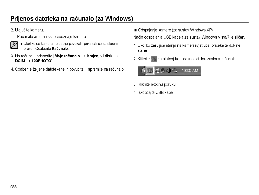 Samsung EC-ES25ZZBASE3 Uključite kameru Računalo automatski prepoznaje kameru, Odspajanje kamere za sustav Windows XP 