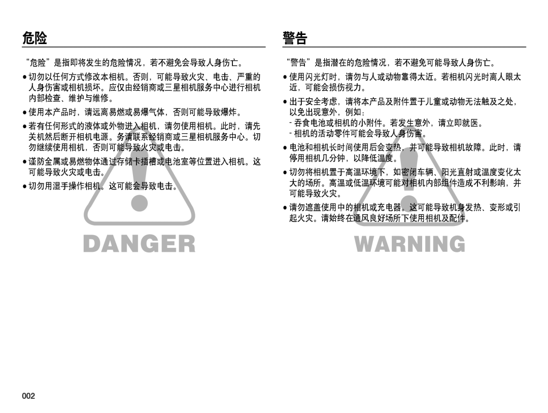 Samsung EC-ES25ZZBASE3, EC-ES25ZZBABE3, EC-ES25ZZBARE3, EC-ES25ZZBALE3, EC-ES25ZZBASE2, EC-ES25ZZBABE2 manual 危险警告, 002 