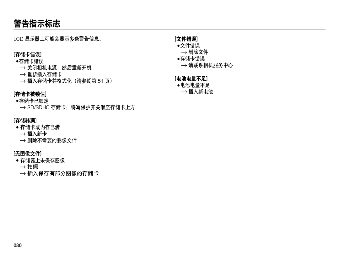 Samsung EC-ES25ZZBASE2, EC-ES25ZZBABE3, EC-ES25ZZBARE3, EC-ES25ZZBALE3, EC-ES25ZZBASE3, EC-ES25ZZBABE2 manual 警告指示标志, 080 