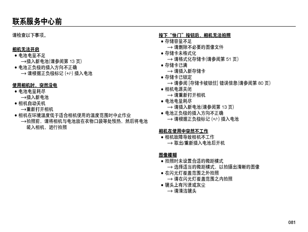 Samsung EC-ES25ZZBABE2, EC-ES25ZZBABE3, EC-ES25ZZBARE3, EC-ES25ZZBALE3, EC-ES25ZZBASE3, EC-ES25ZZBASE2 manual 联系服务中心前, 081 