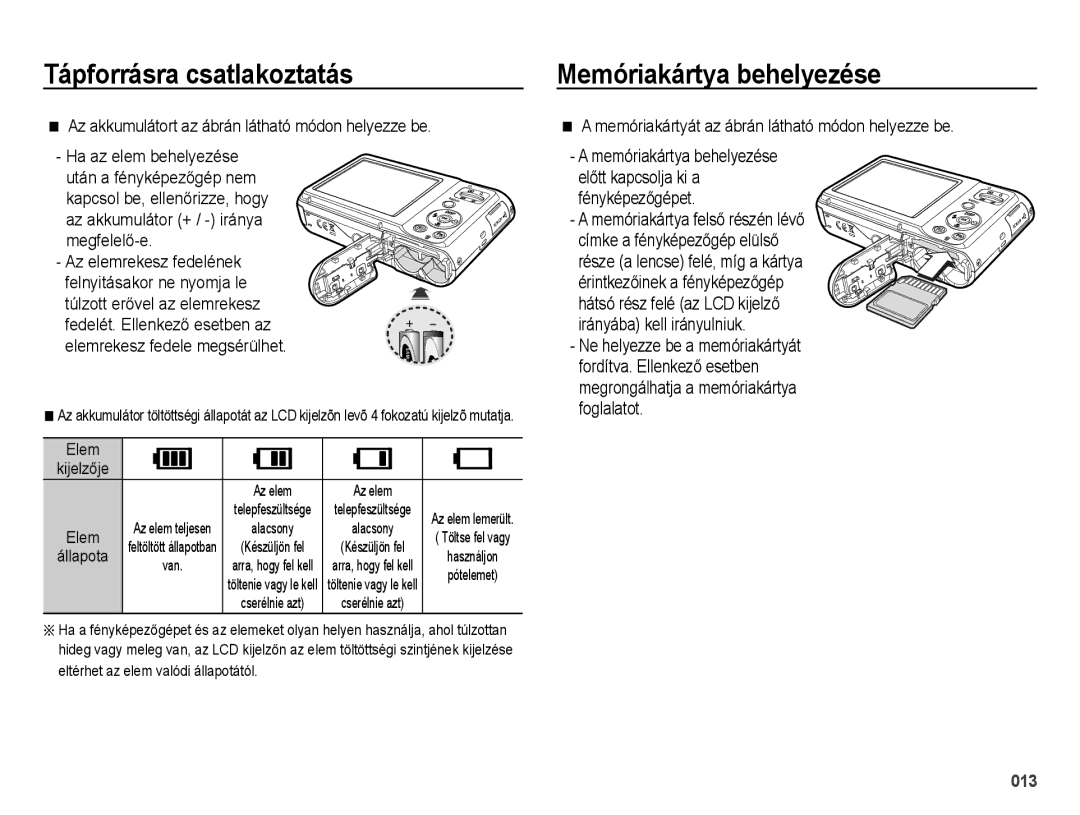 Samsung EC-ES25ZZBABE3 Memóriakártya behelyezése, Az akkumulátort az ábrán látható módon helyezze be, Fényképezőgépet 