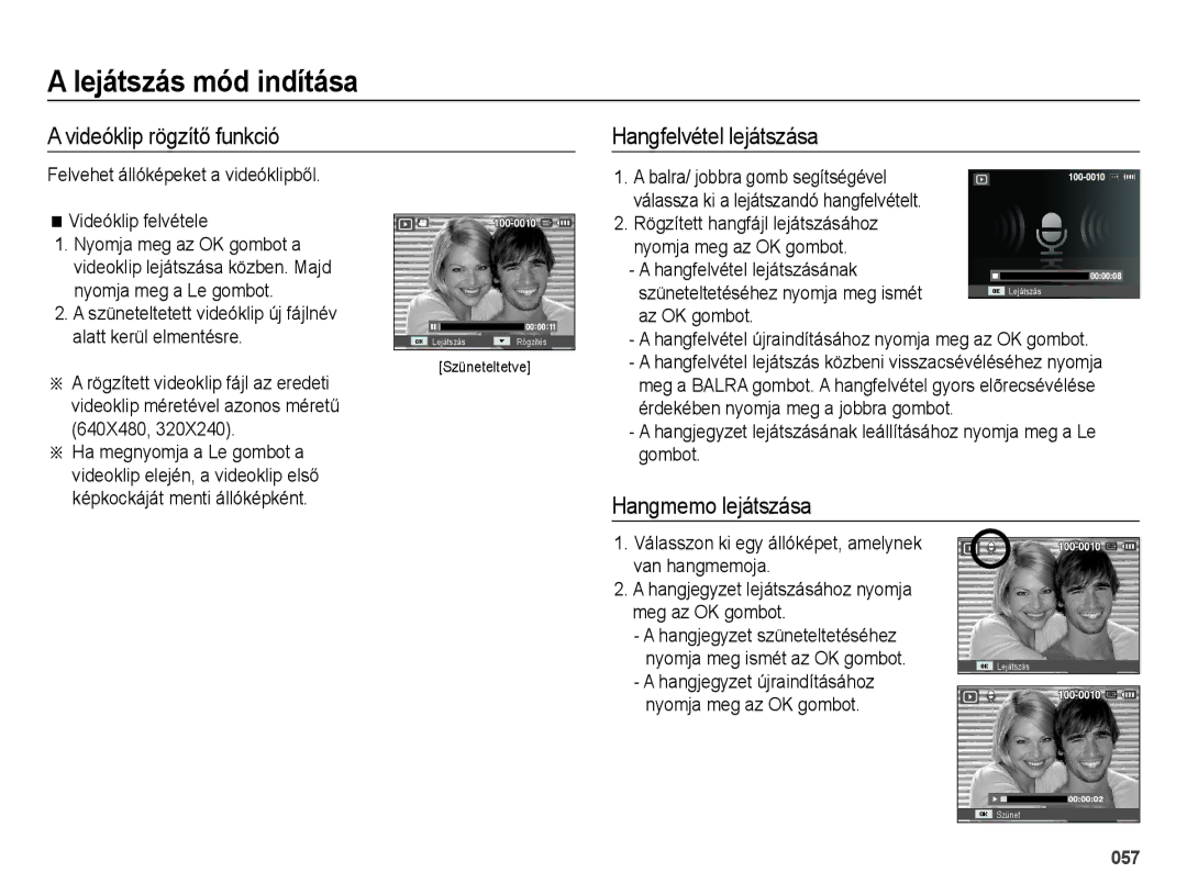 Samsung EC-ES25ZZBALE3, EC-ES25ZZBABE3 manual Videóklip rögzítő funkció, Hangfelvétel lejátszása, Hangmemo lejátszása 