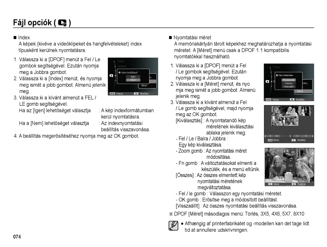 Samsung EC-ES25ZZBABE2 Index, Nyomtatókkal használható Válassza ki a Dpof menüt a Fel, Válassza ki a Méret menüt, és nyo 