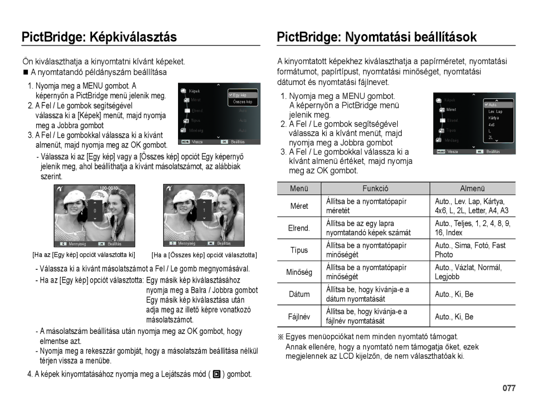 Samsung EC-ES25ZZBARE3 manual PictBridge Képkiválasztás, PictBridge Nyomtatási beállítások, Nyomja meg a Menu gombot. a 