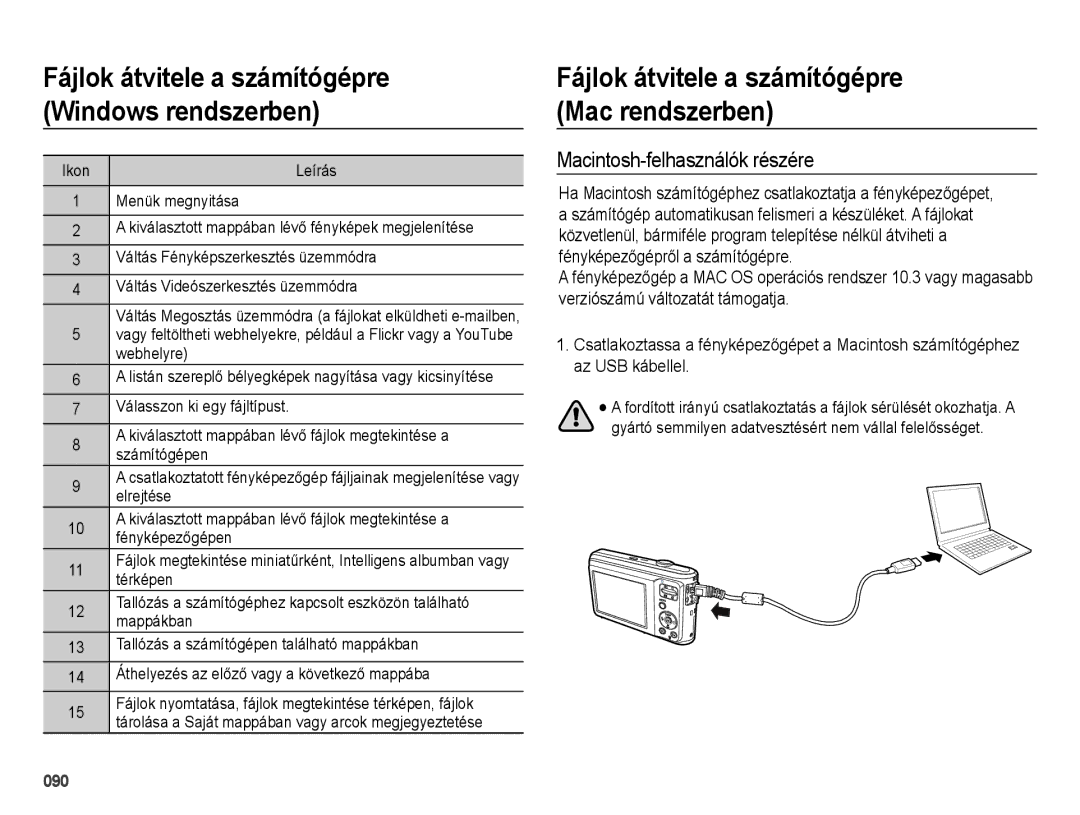 Samsung EC-ES25ZZBABE3, EC-ES25ZZBARE3 Fájlok átvitele a számítógépre Windows rendszerben, Macintosh-felhasználók részére 