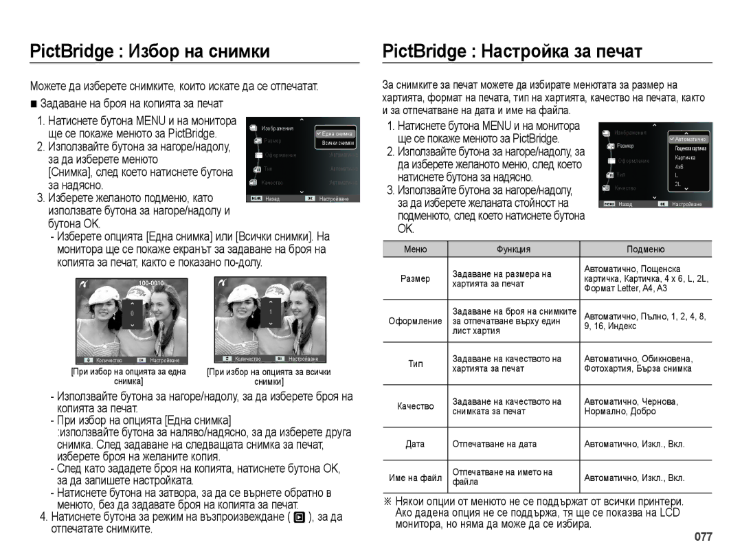 Samsung EC-ES25ZZBALE3 PictBridge Иɡбɨɪ нɚ ɫнимки, PictBridge ɇɚɫтɪɨɣкɚ ɡɚ пɟчɚт, Натиснете бутона Menu и на монитора 