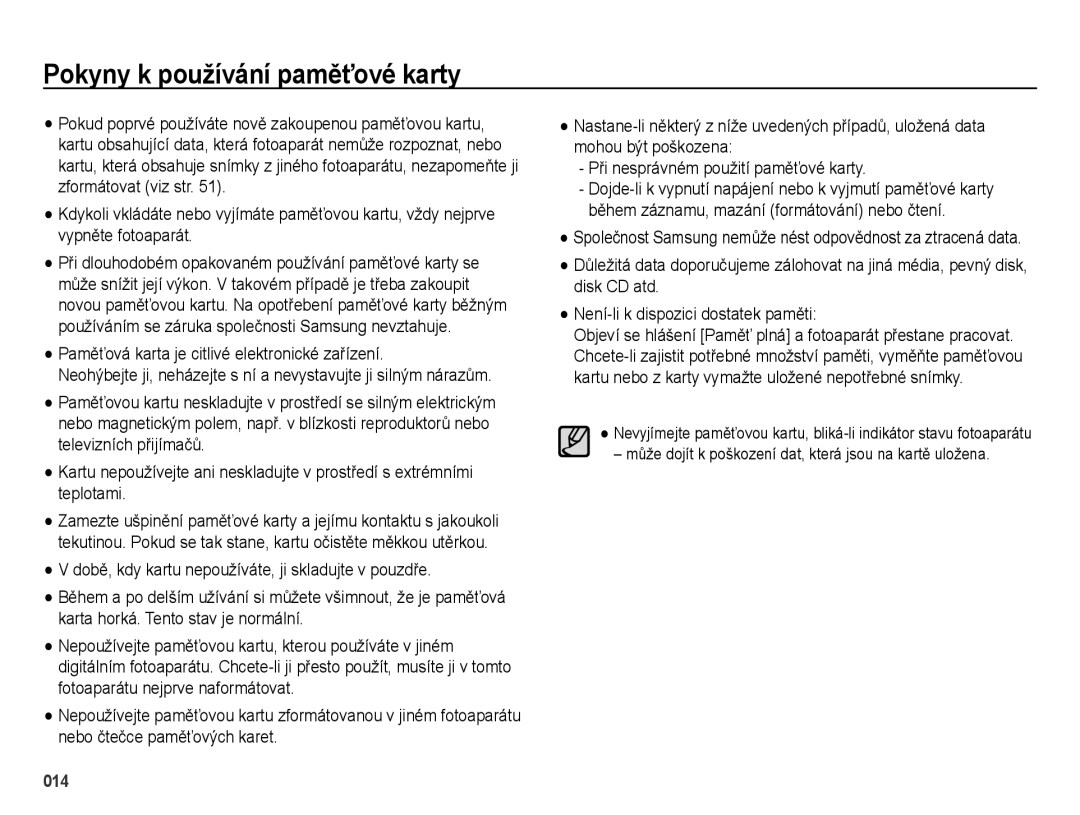 Samsung EC-ES25ZZBABE3, EC-ES25ZZBARE3 Pokyny k používání paměťové karty, Paměťová karta je citlivé elektronické zařízení 