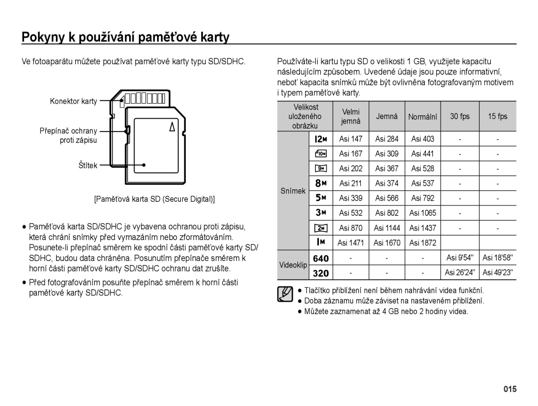 Samsung EC-ES25ZZBARE3 Typem paměťové karty, Snímek, Videoklip, Tlačítko přiblížení není během nahrávání videa funkční 