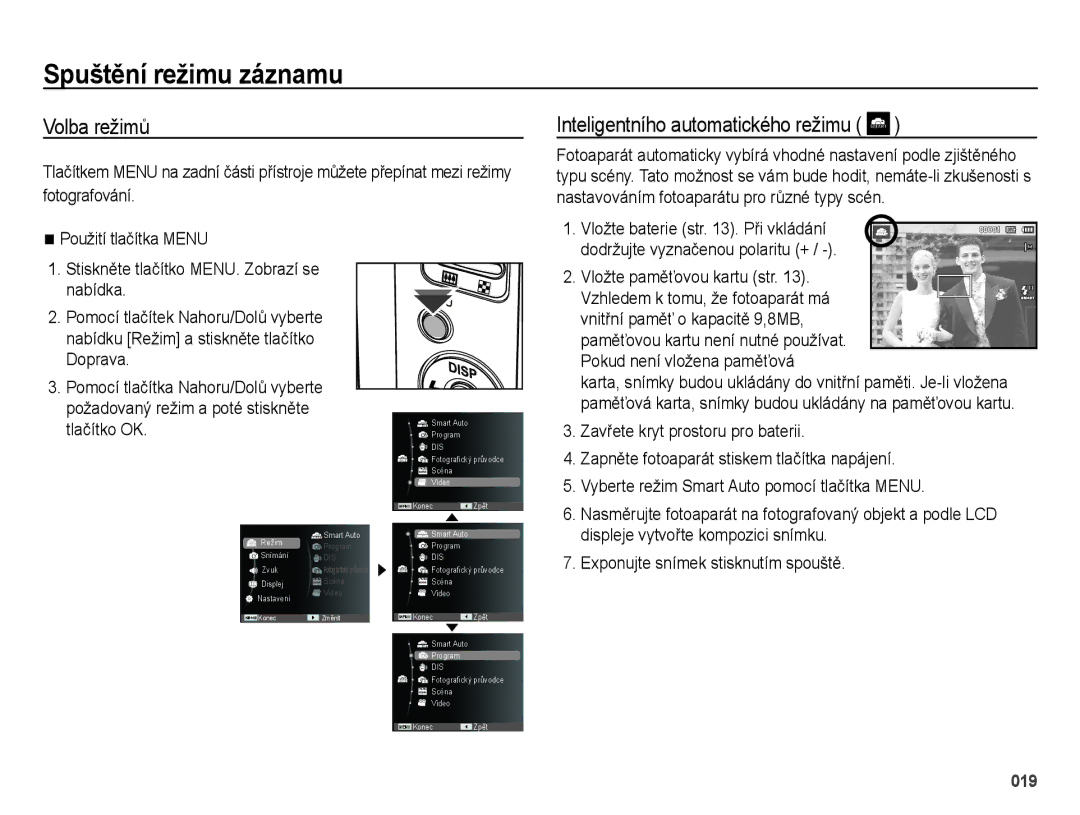 Samsung EC-ES25ZZBASE3, EC-ES25ZZBABE3 manual Spuštění režimu záznamu, Volba režimů, Inteligentního automatického režimu 