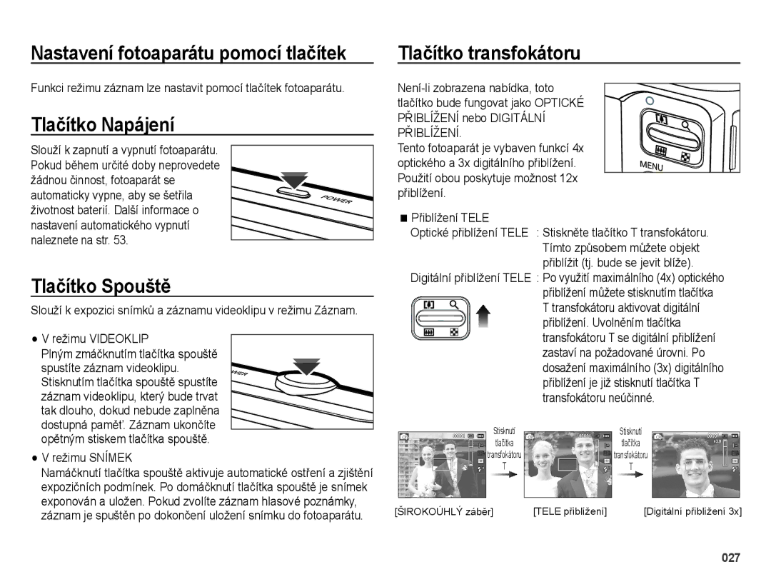 Samsung EC-ES25ZZBARE3 Nastavení fotoaparátu pomocí tlačítek, Tlačítko Napájení, Tlačítko Spouště, Tlačítko transfokátoru 