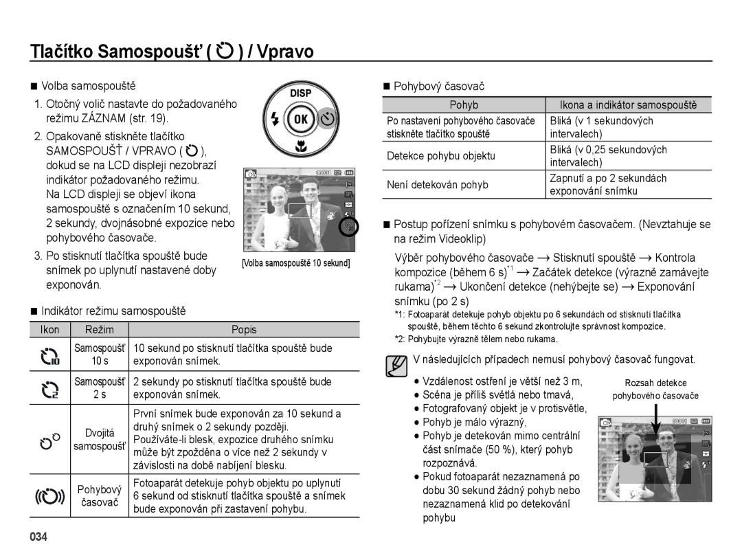Samsung EC-ES25ZZBASE3 manual Volba samospouště, Pohybový časovač, Kontrola, Kompozice během 6 s *1, Rukama *2, Exponování 