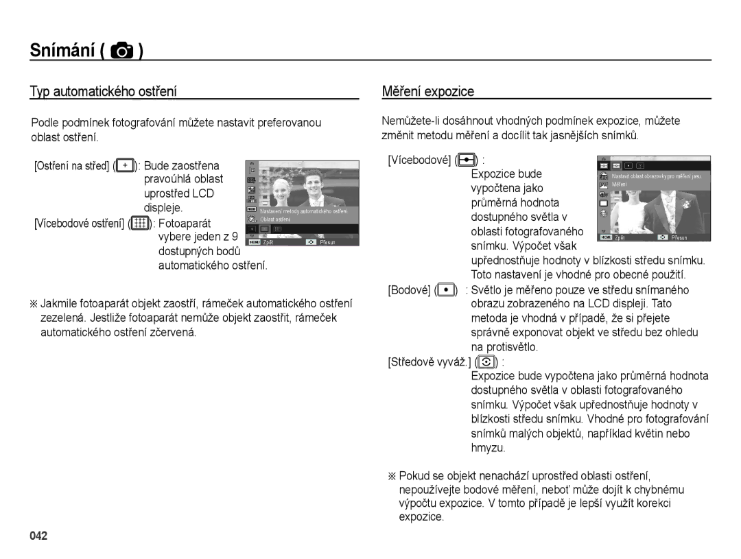 Samsung EC-ES25ZZBARE3, EC-ES25ZZBABE3, EC-ES25ZZBASE3 manual Typ automatického ostření, Měření expozice 