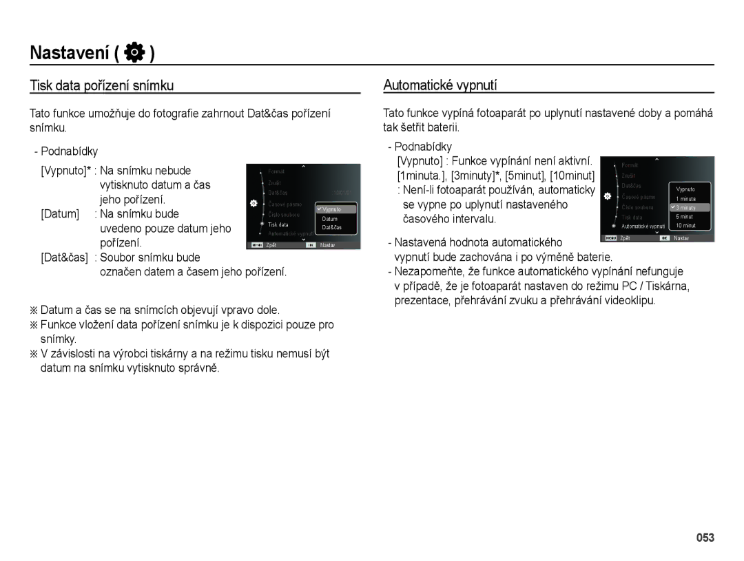 Samsung EC-ES25ZZBABE3 Tisk data pořízení snímku, Automatické vypnutí, Datum a čas se na snímcích objevují vpravo dole 