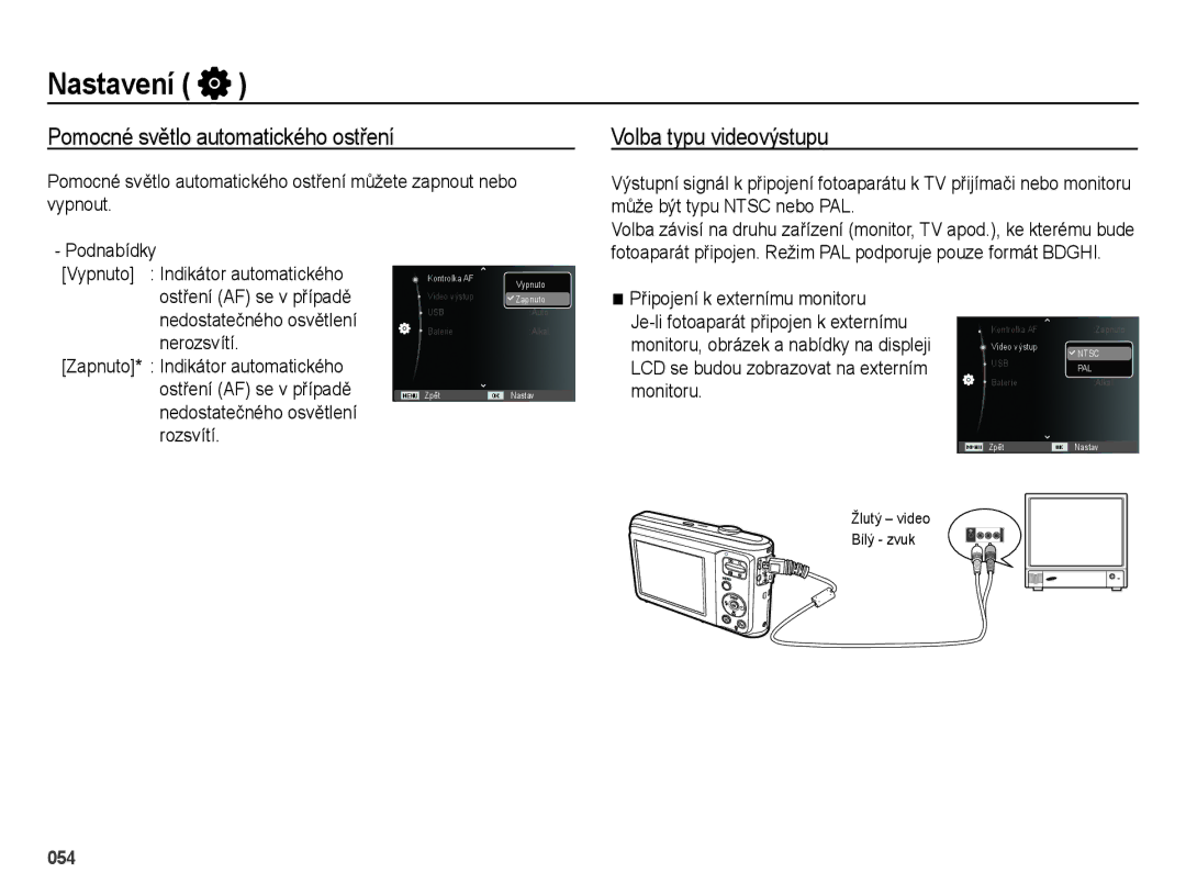 Samsung EC-ES25ZZBARE3, EC-ES25ZZBABE3, EC-ES25ZZBASE3 manual Pomocné světlo automatického ostření, Volba typu videovýstupu 