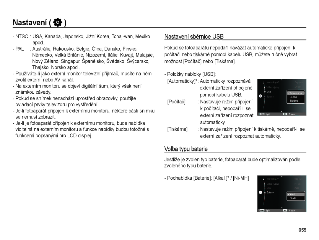 Samsung EC-ES25ZZBASE3, EC-ES25ZZBABE3, EC-ES25ZZBARE3 manual Nastavení sběrnice USB, Volba typu baterie 